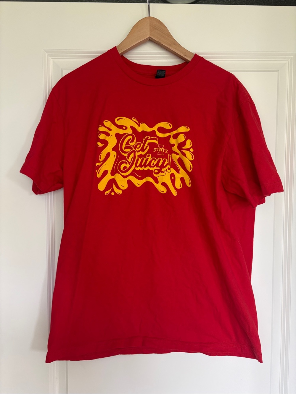 Red Iowa State Tee with Yellow 'Get Juicy' Print - Men
